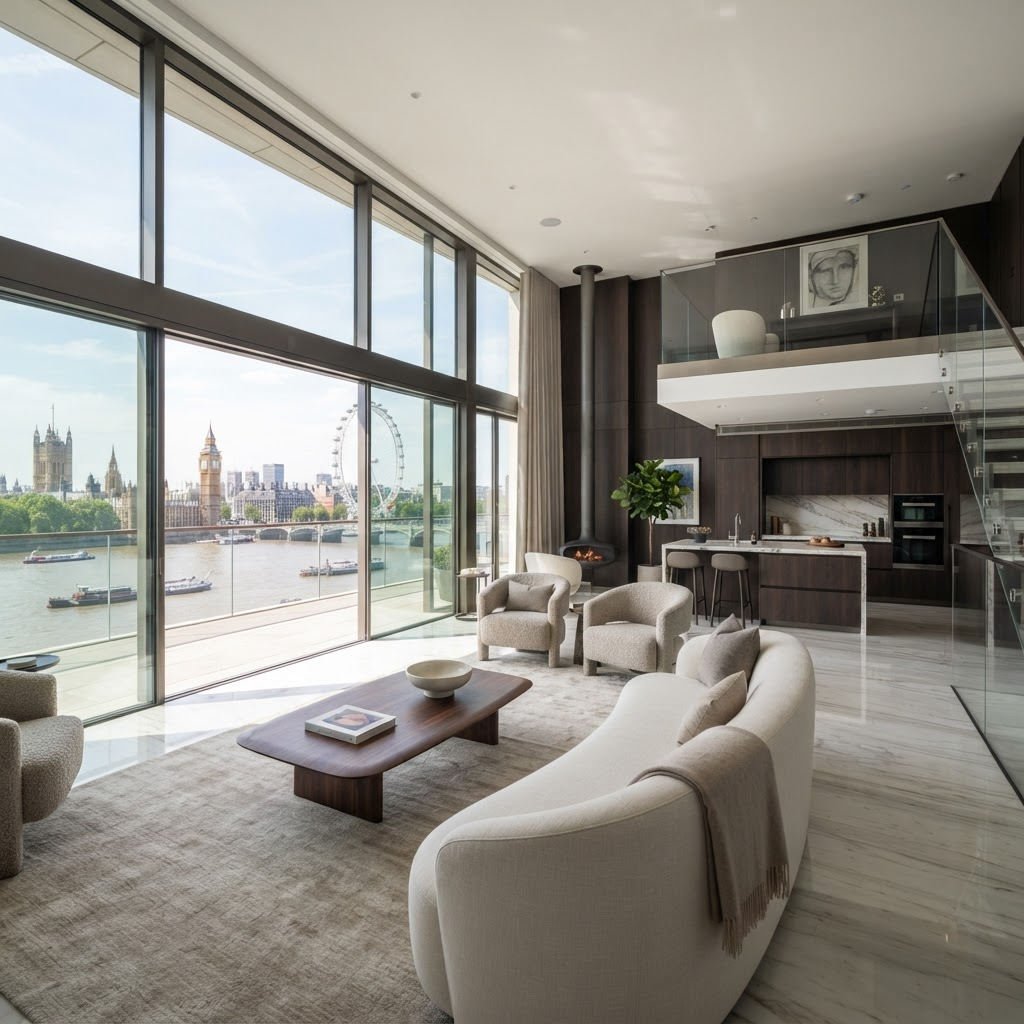 Luxury interior living room of a riverfront residence at 135 Grosvenor Road