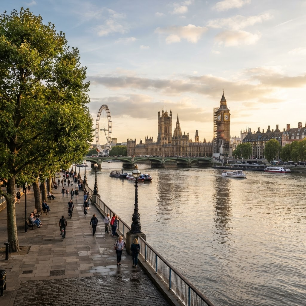 Westminster riverside viewed from Grosvenor Road along the River Thames